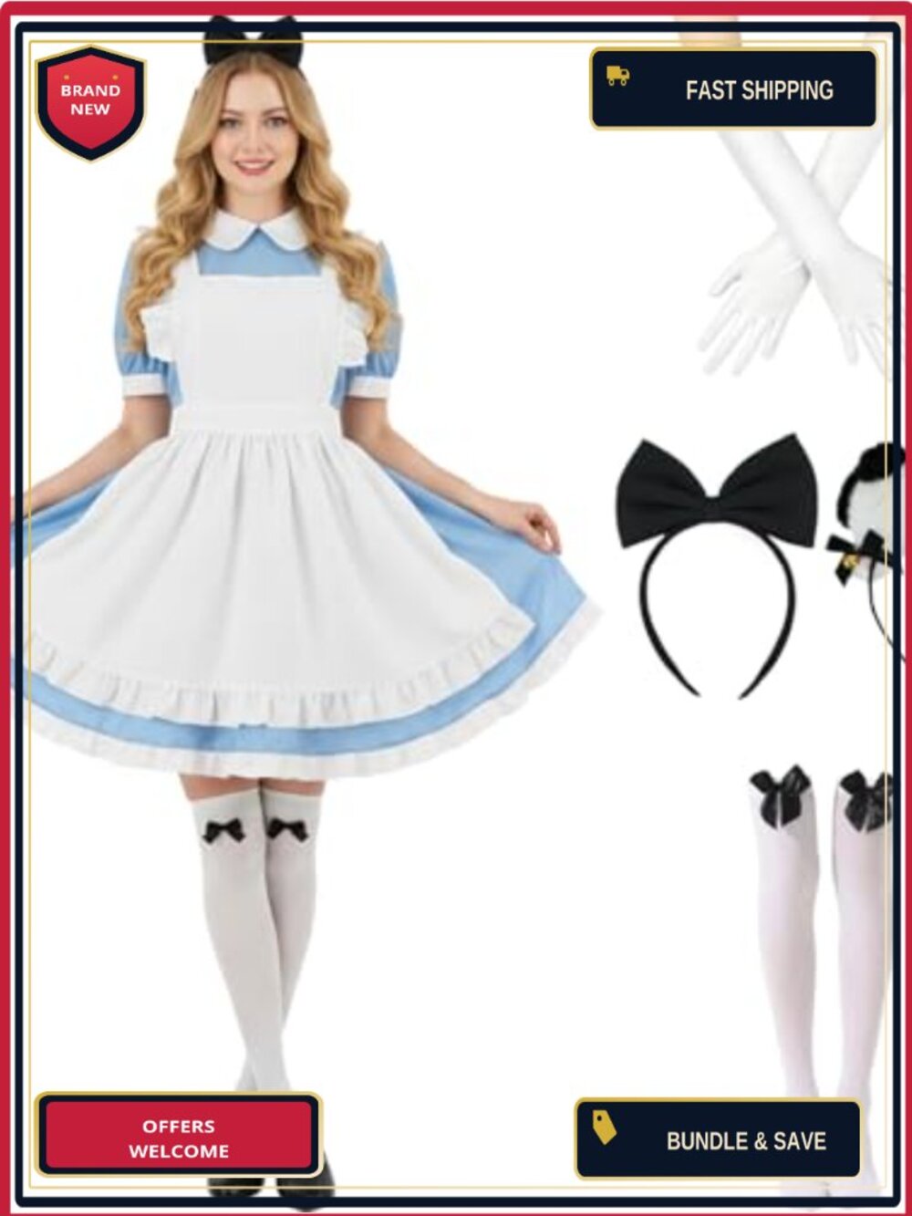 Lolita Maid Costume Set Cosplay Dress Apron Gloves Headband Socks